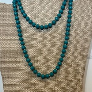 Vintage turquoise blue ceramic glass individually knotted bead necklace